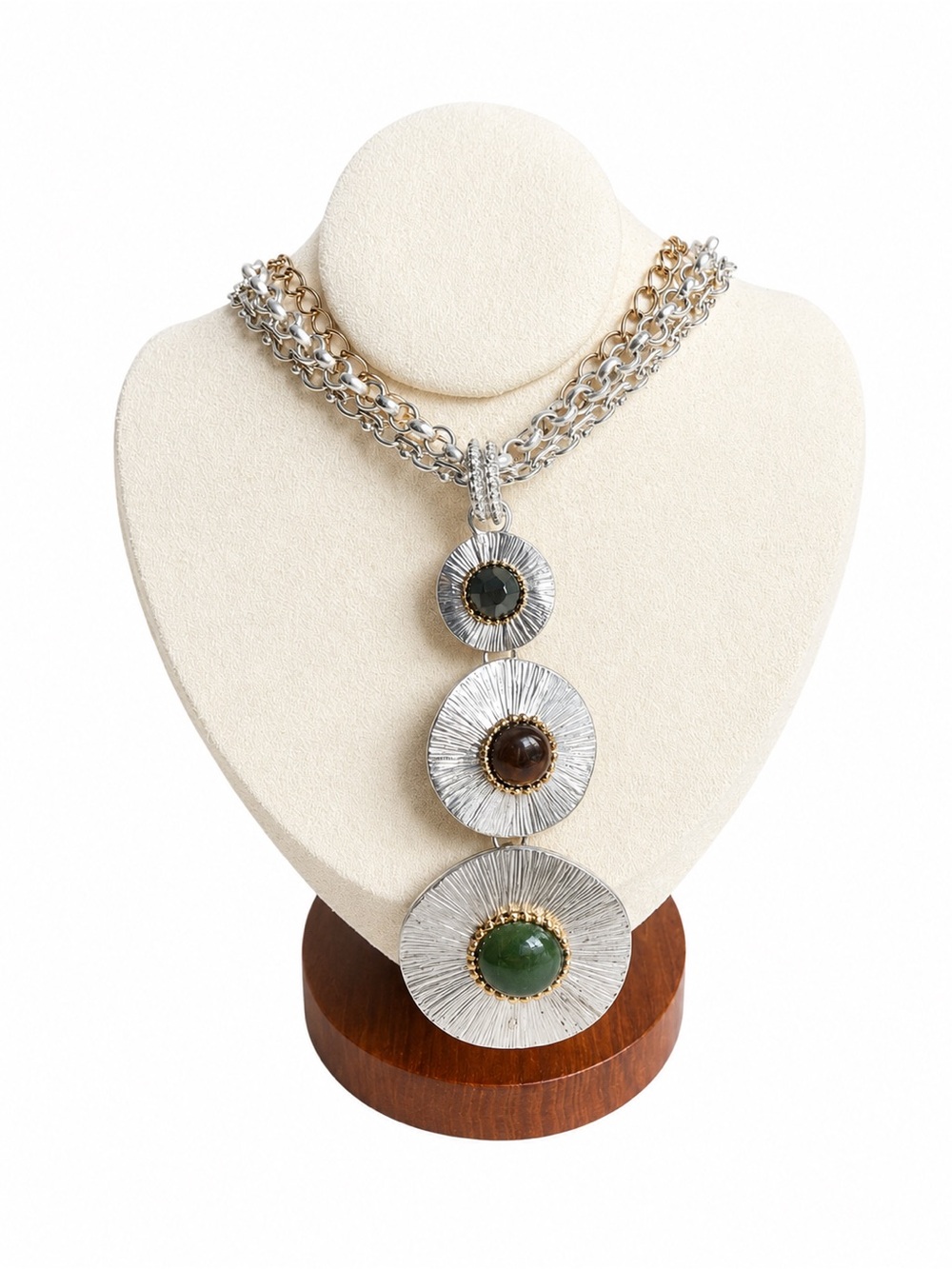 Vintage Etienne Aigner Statement Triple Gemstone & Multi-Chain Silver Necklace